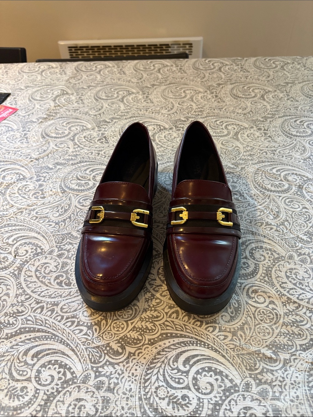 Burgundy Leather Loafers with Gold Buckle